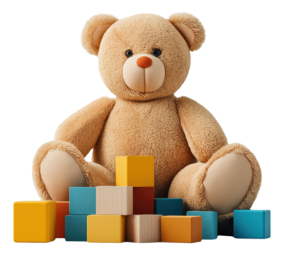 Teddy bear with colorful wooden blocks in front