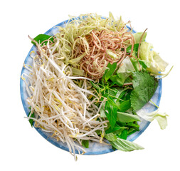 Raw vegetables served with dishes. Fresh herbs ( bitter knotgras, bean sprout, chives, banana blossom, yellow velvetleaf, water mimosa, morning glory, Mint Leave, lotus root salad )