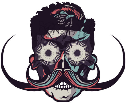 T&ecirc;te de mort &agrave; moustache hipster skull moustachu et crane yeux hypnotique