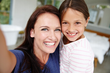 Mom, girl and happy for selfie in portrait, hug and care with connection for post on web at family...
