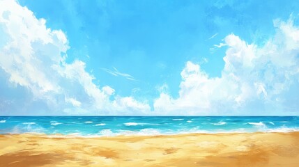 Obraz premium Sunny beach landscape with golden sands, a clear turquoise ocean, and fluffy white clouds under a bright blue sky, evoking a serene summer vibe.