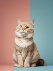 A cat sits against a plain background