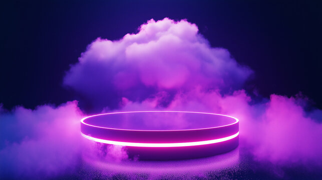 Purple neon circle podium isolated cloudy background. Neon light podium. Fashion sphere display area. Advertising concept background. Copy paste area