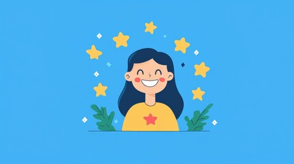 Cheerful customer illustration with stars and positive vibes on a blue background, symbolizing satisfaction and positive feedback for surveys.