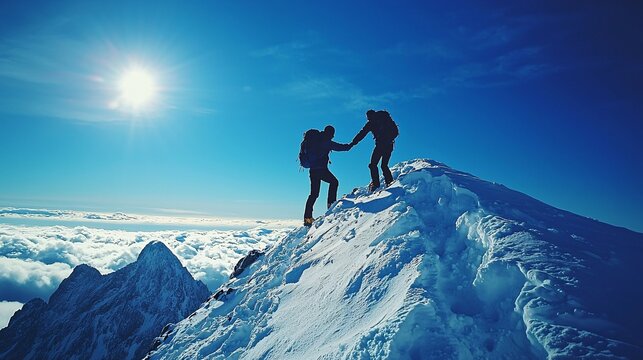 Overcoming Adversity Together - Two Hikers Ascending Snowy Mountain Slope in Winter with Help, Steadying on Icy Rock against Majestic Snow-Capped Peaks and Clear Blue Sky Backdrop