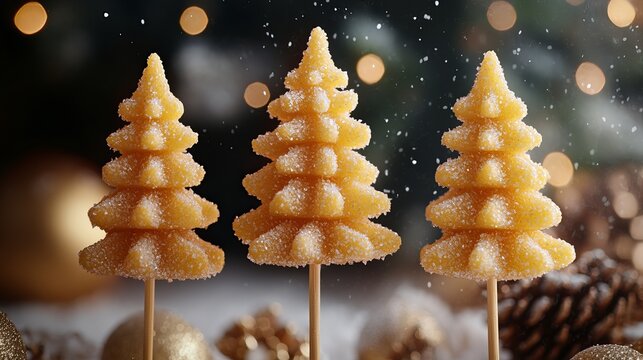 Edible Christmas tree shapes molded from sugar stand daintily on sticks. They capture the joyful spirit of the holiday season with twinkling festive lighting.