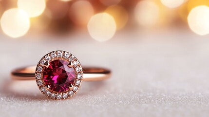 Fototapeta premium Luxurious Christmas Elegant ruby ring with sparkling diamonds on a soft background.