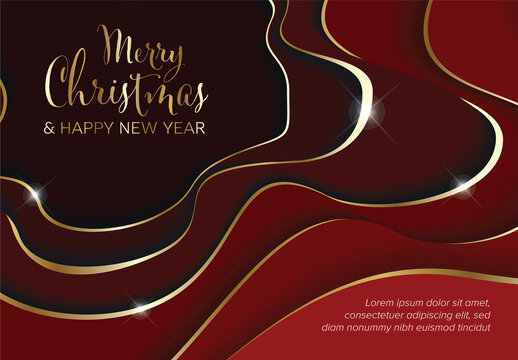 Abstract modern Merry Christmas and Happy New Year card with red deep background with golden accent border