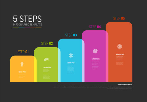 Color five block steps on dark background infographic template with icons and descriptions