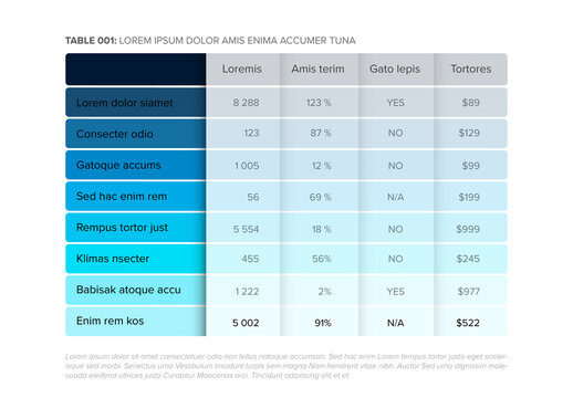 Simple stylized blue color data table layout template with semi transparent effect
