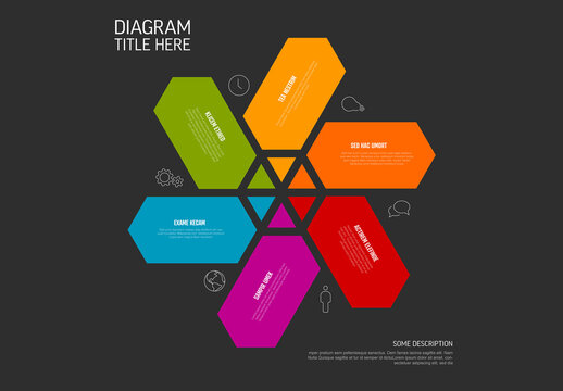 Flower shape infographic template made from six content hexagons on dark background