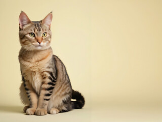 A cat sits against a plain background