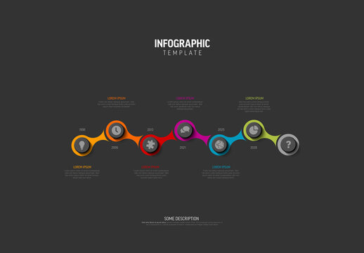 Colorful horizontal timeline template with seven milestones on dark gray background