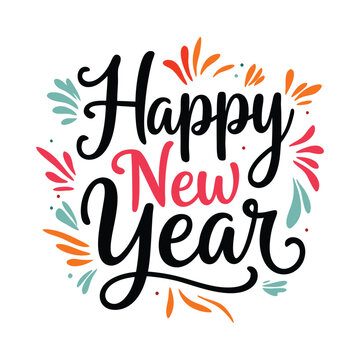 elebrate in style with "Happy New Year" typography adorned in vibrant accents, blending a minimalist yet festive aesthetic ideal for shirts or greeting cards.