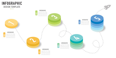 Circular isometric infographic template or element with 5 step, process, option, colorful circle, bar, column, arrow, minimal style, slide