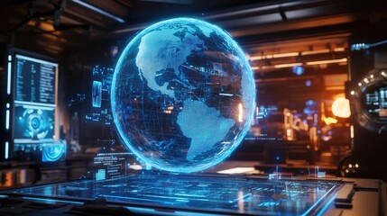 Fototapeta premium A holographic interface showing a spinning globe with data streams and analytics; hyper-realistic, bright neon blue, immersive design