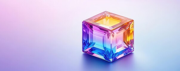 Isometric view of a gemstone cube, precise symmetry with vibrant reflections, premium futuristic design