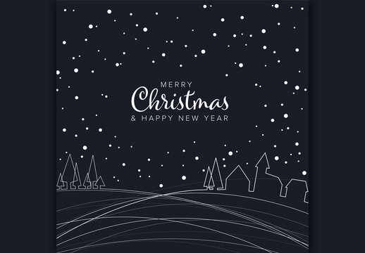 Minimalist Christmas flyer/card template with snowy landscape and village