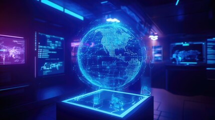 A holographic interface showing a spinning globe with data streams and analytics; hyper-realistic, bright neon blue, immersive design