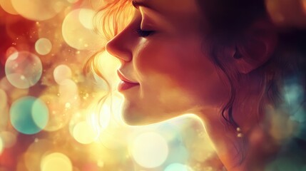 Gentle Portrait of a Woman with Dreamy Bokeh Background Capturing Tenderness and Warmth in Soft, Radiant Light