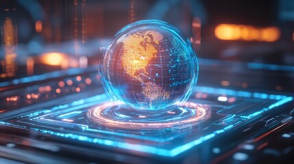 Fototapeta premium A holographic interface showing a spinning globe with data streams and analytics; hyper-realistic, bright neon blue, immersive design