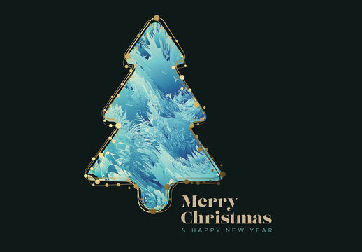 Minimalist dark Christmas flyer/card template with abstract christmas tree and golden border