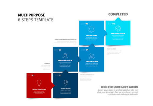 Light six steps process progress infographic template made from squares and arrows