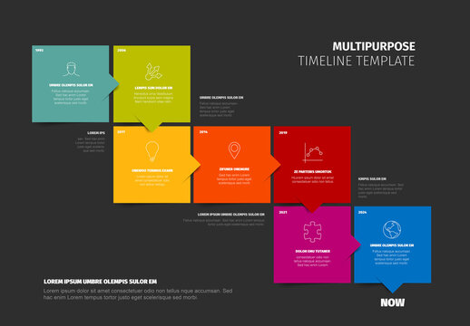 Dark Timeline template made from seven content color boxes with arrows