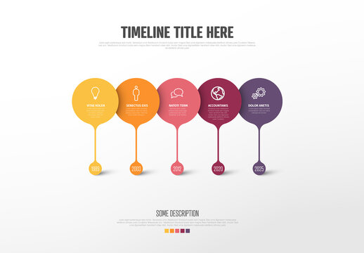 Creative timeline template with five red droplets pointers in one line