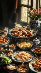 Obraz premium Asian food table with various types of chinese food. chinese food. Ultra realistic. Photorealistic hypermaximalist advertising photography hyper realistic fine detail