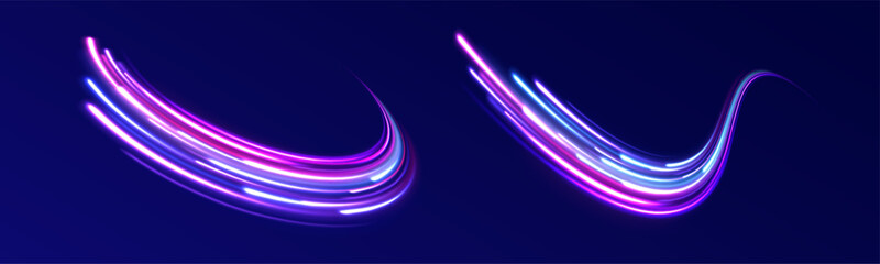 Creative vector illustration of flying cosmic meteor, planetoid, comet, fireball isolated on transparent background. Effect, png, wave,neon,line. Light arc in neon colors, in the form of a turn.  