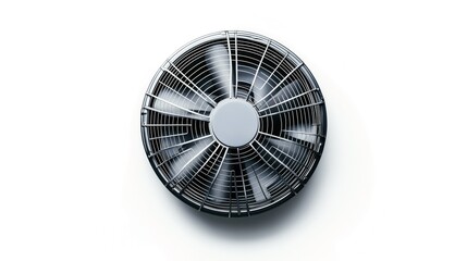 Close-up of a round metal fan with a protective grille viewed from above against a white background.