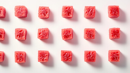 Overhead shot of cubed watermelon arranged in a neat grid pattern on a white background.  The vibrant red cubes are evenly spaced, creating a visually appealing and refreshing image.