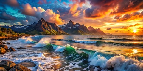 Majestic Panorama of Mountains Overlooking Serene Ocean Waves at Sunset, Capturing the Beauty of Nature's Landscape in a Tranquil and Picturesque Setting