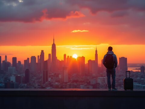 Tourist admiring stunning new york city skyline at sunrise
