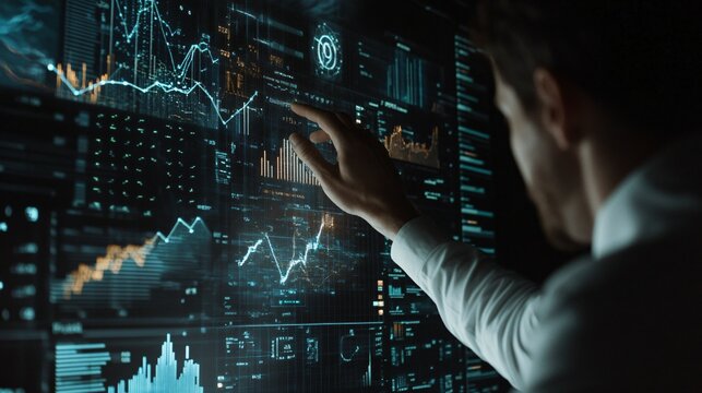 A businessman touches a modern oil mining data analysis on the screen. The analysis includes graphical and statistical data with line-up and down trade charts.