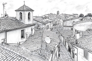 Obraz premium Rooftop Cityscape Sketch: Charming European Village