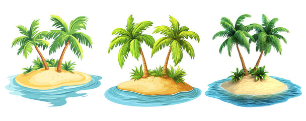 Fototapeta premium Tropical Islands with Palm Trees in Water on Transparent Background