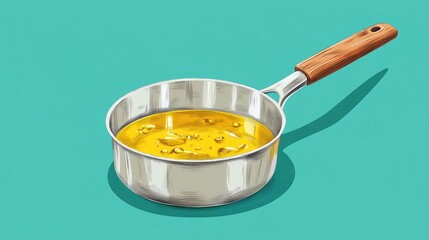 Used cooking oil in a stainless steel saucepan with a wooden handle, showcasing a ladle resting inside, emphasizing sustainable reuse in culinary practices.