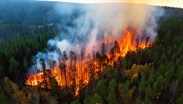 Forest fire disaster, trees burned at night, natural destruction of forest fires, damaged environment caused by global warming
