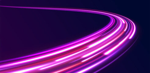 Light trail wave, fire path trace line, car lights, optic fiber and incandescence curve twirl. Big data traffic visualization, dynamic high speed, png, effect. Vector glowing lines air flow effect. 