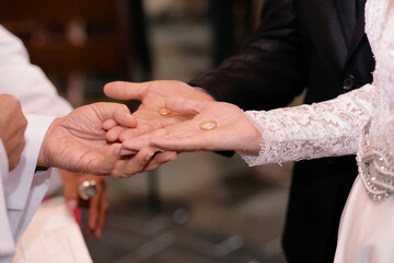 people shaking hands, exchange of rings, wedding, close-up of the groom holding a ring, close-up of...