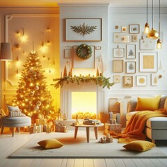 Fototapeta premium cozy room with a fireplace and a christmas tree