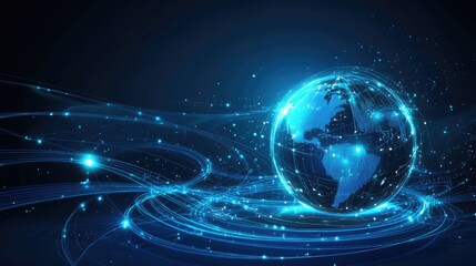 Obraz premium A stylized globe surrounded by swirling light trails symbolizing connectivity; minimalist, neon gradients, black and blue background, elegant composition