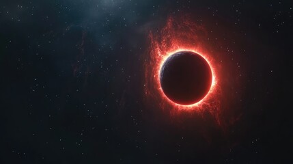 Abstract cosmic scene featuring a dark planet partially eclipsed by a vibrant red star, surrounded by a mesmerizing nebula against a starry backdrop.