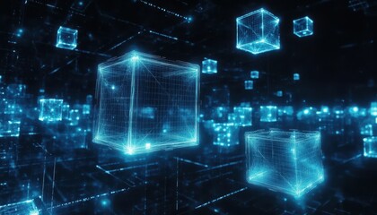 Futuristic Digital Network with Glowing Cubes and Grids in a Virtual Space Representing Technology and Innovation in Data Processing and Visualization
