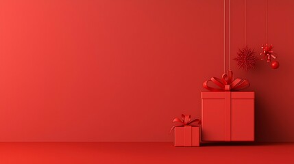 Red gifts and ornaments against a red wall.