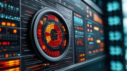 Obraz premium A detailed, futuristic display with illuminated panels and a central circular design, exuding high-tech aesthetics and vibrant colors.