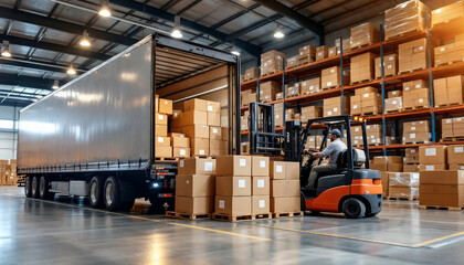 A semi truck at a warehouse, forklift loading boxes, organized and efficient setting.