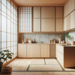 Kitchen interior with window and open shelves in Japandi and wabi sabi style.